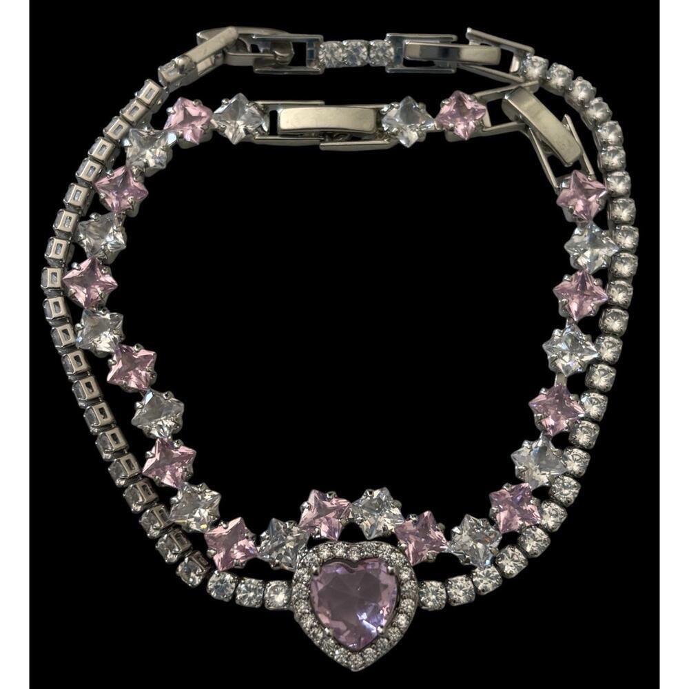 2 Tennis Bracelets Pink Heart Clear Crystal Bracelet Sparkle Rhinestone 7.5”
